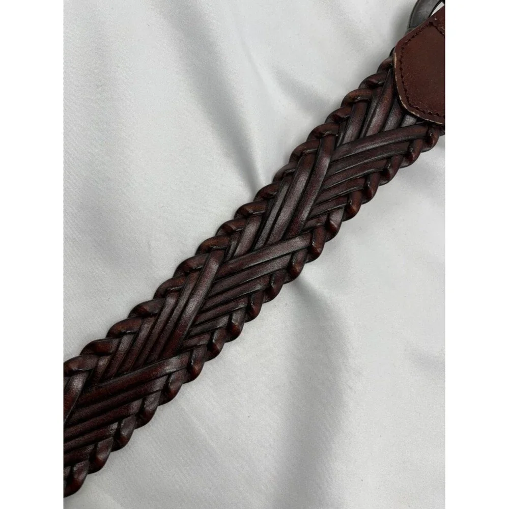 Brown Leather Woven Belt with Circular Metal Buckle